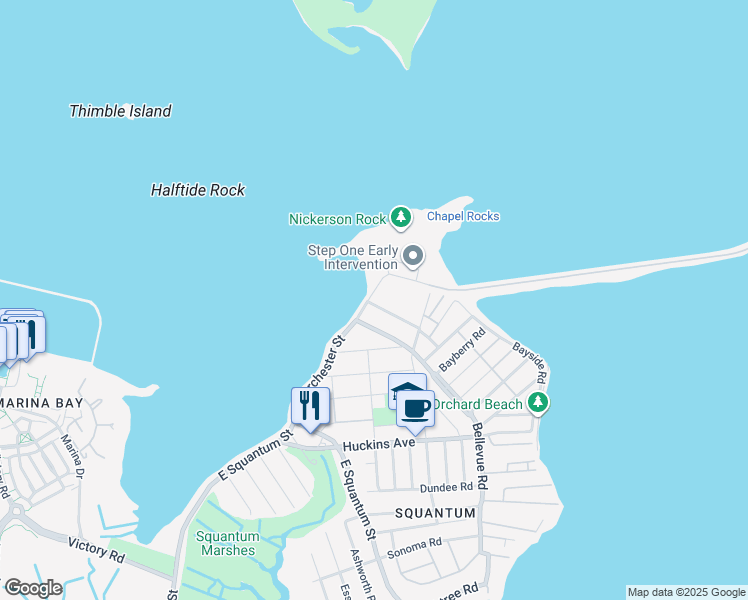 map of restaurants, bars, coffee shops, grocery stores, and more near 10 Shoreham Street in Quincy