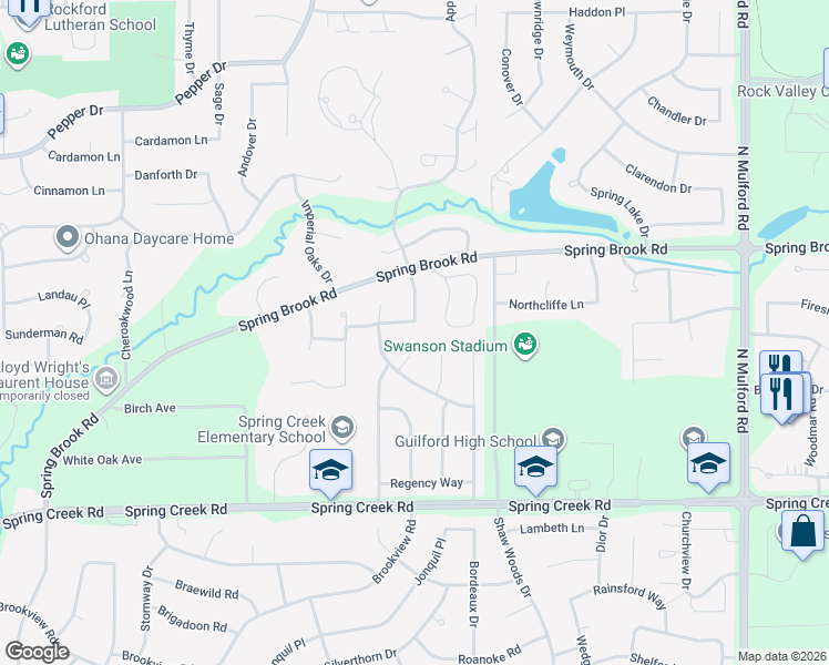 map of restaurants, bars, coffee shops, grocery stores, and more near 5319 Thornberry Drive in Rockford