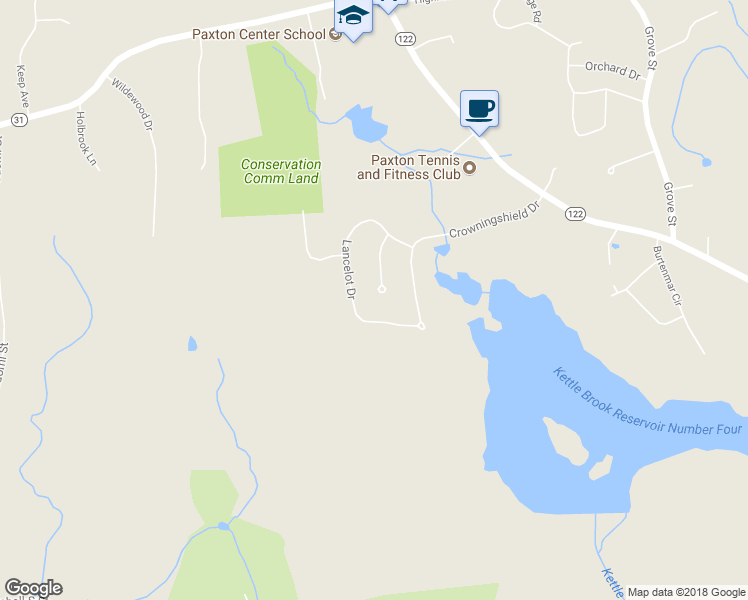 map of restaurants, bars, coffee shops, grocery stores, and more near 6 Sherbrooke Drive in Paxton