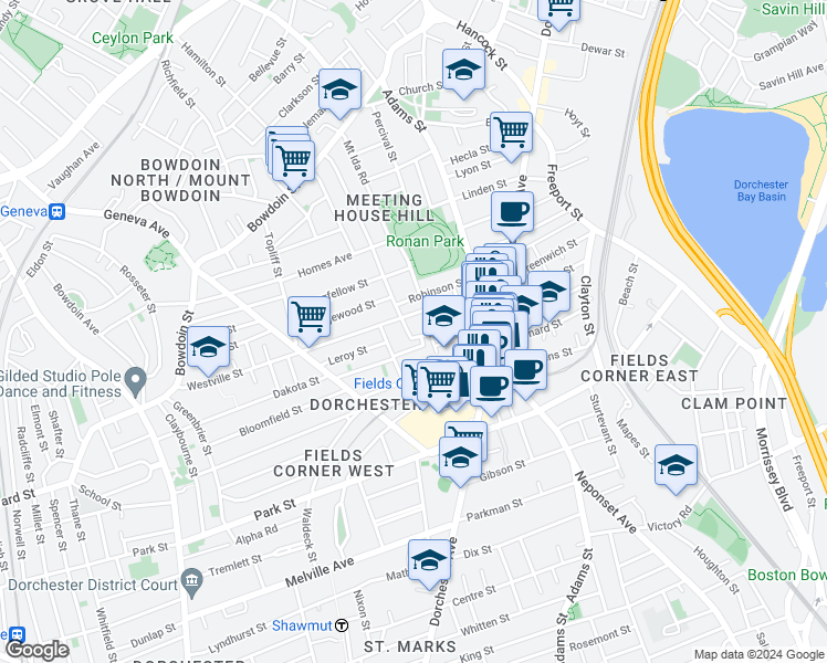 map of restaurants, bars, coffee shops, grocery stores, and more near 28 Arcadia Street in Boston