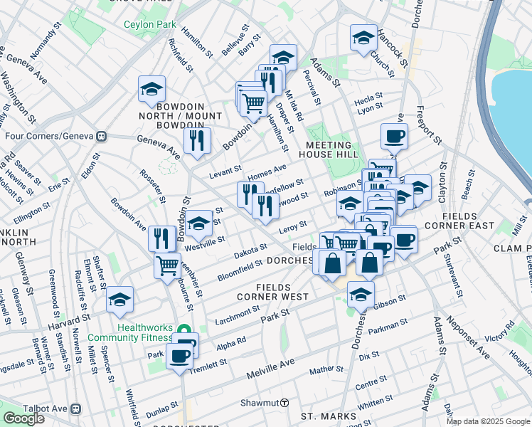 map of restaurants, bars, coffee shops, grocery stores, and more near 90 Topliff Street in Boston