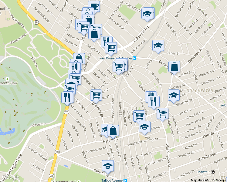 map of restaurants, bars, coffee shops, grocery stores, and more near 109 Ellington Street in Boston