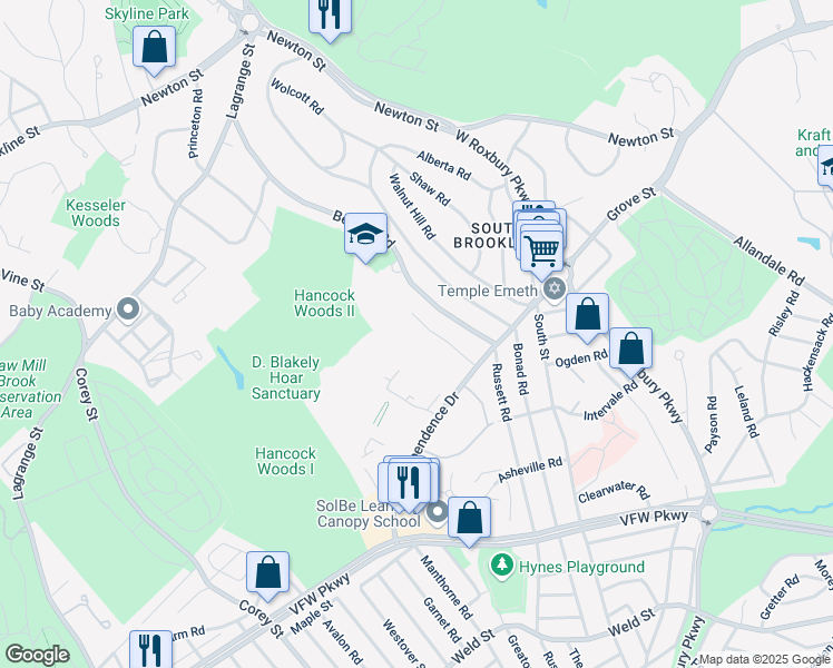 map of restaurants, bars, coffee shops, grocery stores, and more near 149 Gerry Road in Brookline