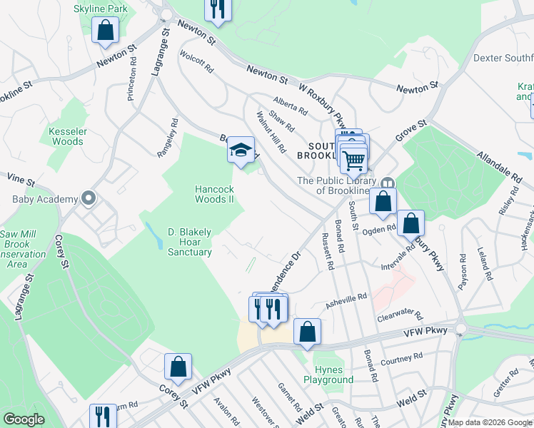map of restaurants, bars, coffee shops, grocery stores, and more near 149 Gerry Road in Brookline
