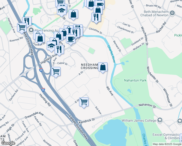 map of restaurants, bars, coffee shops, grocery stores, and more near 275 2nd Avenue in Needham