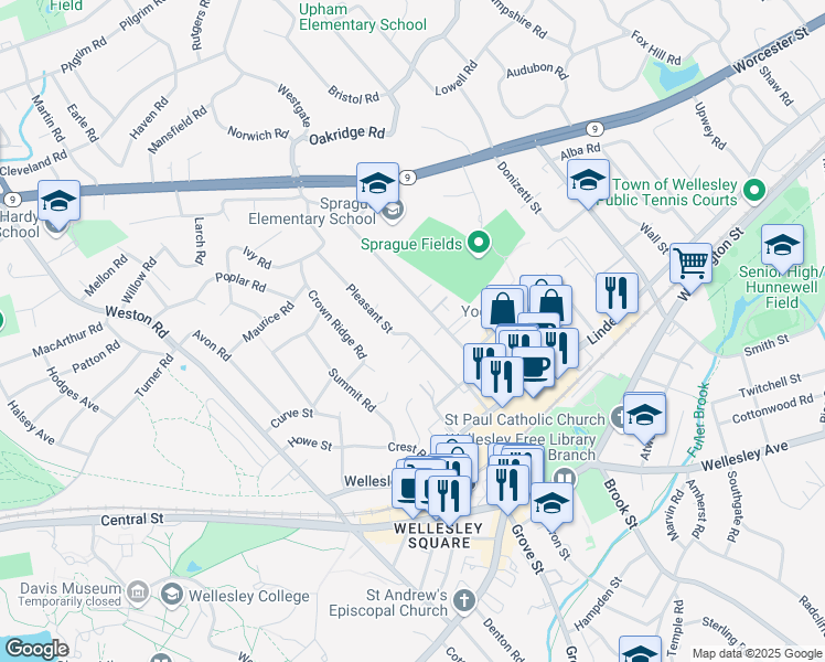 map of restaurants, bars, coffee shops, grocery stores, and more near 33 Pleasant Street in Wellesley