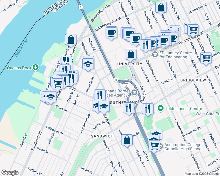 map of restaurants, bars, coffee shops, grocery stores, and more near in Windsor