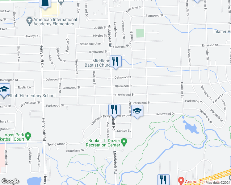 map of restaurants, bars, coffee shops, grocery stores, and more near 1289 Middlebelt Road in Inkster