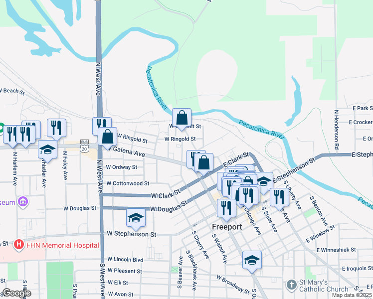 map of restaurants, bars, coffee shops, grocery stores, and more near 523 North Walnut Avenue in Freeport