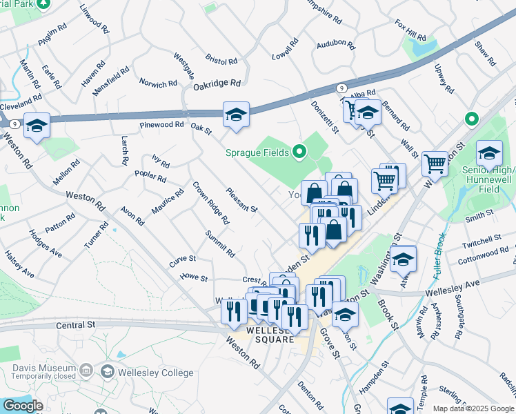 map of restaurants, bars, coffee shops, grocery stores, and more near 33 Pleasant Street in Wellesley