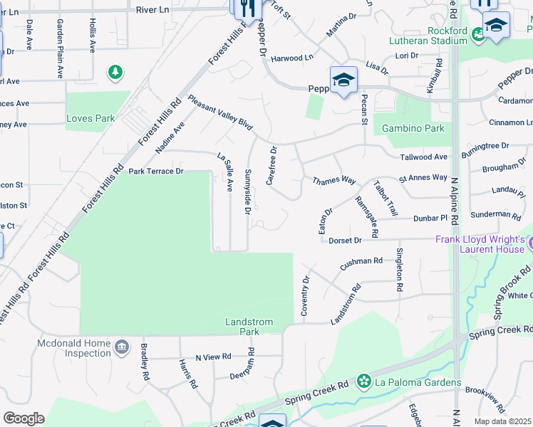 map of restaurants, bars, coffee shops, grocery stores, and more near 2929 Sunnyside Drive in Rockford