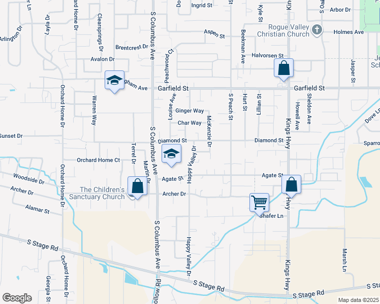 map of restaurants, bars, coffee shops, grocery stores, and more near 2120 Happy Valley Drive in Medford
