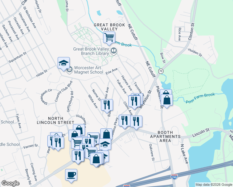 map of restaurants, bars, coffee shops, grocery stores, and more near 52 Bullard Avenue in Worcester