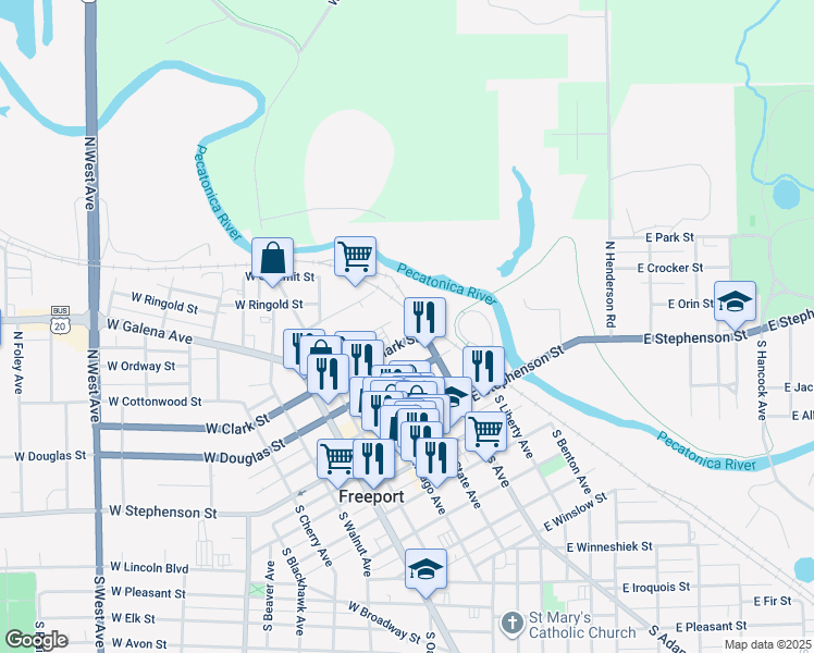 map of restaurants, bars, coffee shops, grocery stores, and more near 120 East Clark Street in Freeport