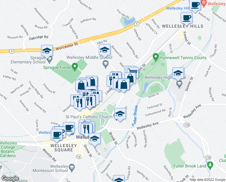 map of restaurants, bars, coffee shops, grocery stores, and more near 277 Linden Street in Wellesley
