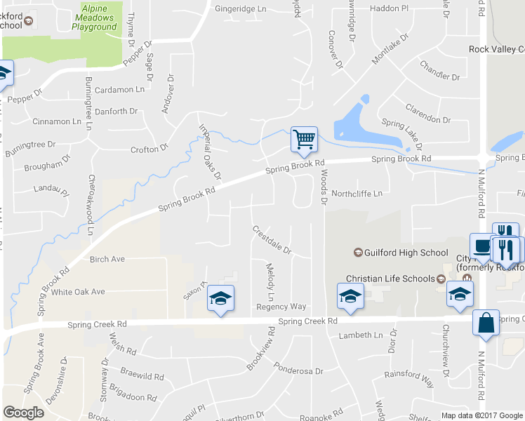 map of restaurants, bars, coffee shops, grocery stores, and more near 5319 Thornberry Drive in Rockford