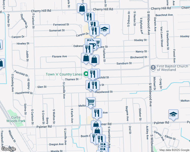 map of restaurants, bars, coffee shops, grocery stores, and more near 1055 South Wayne Road in Westland