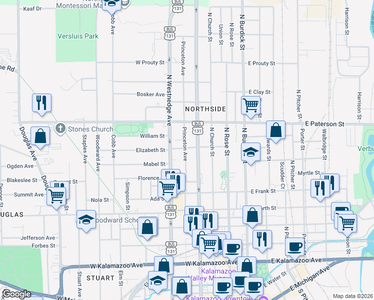map of restaurants, bars, coffee shops, grocery stores, and more near 419 Norway Avenue in Kalamazoo