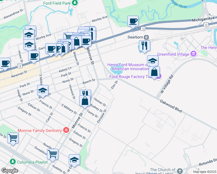 map of restaurants, bars, coffee shops, grocery stores, and more near 21720 Snow Avenue in Dearborn