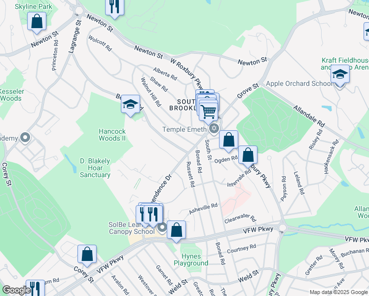 map of restaurants, bars, coffee shops, grocery stores, and more near 296 Beverly Road in Brookline