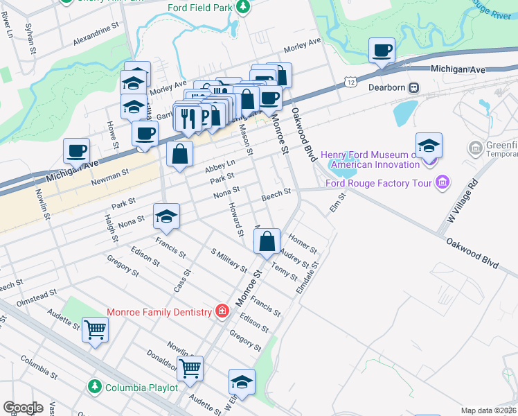 map of restaurants, bars, coffee shops, grocery stores, and more near 22163 Beech Street in Dearborn