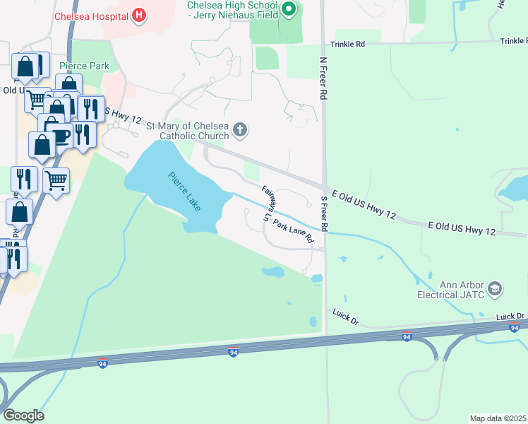 map of restaurants, bars, coffee shops, grocery stores, and more near 510 Fairways Lane in Chelsea
