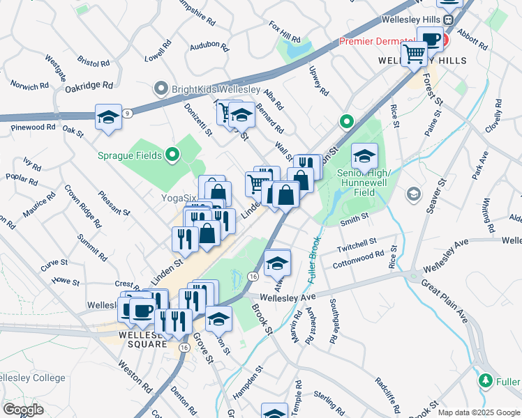 map of restaurants, bars, coffee shops, grocery stores, and more near 277 Linden Street in Wellesley