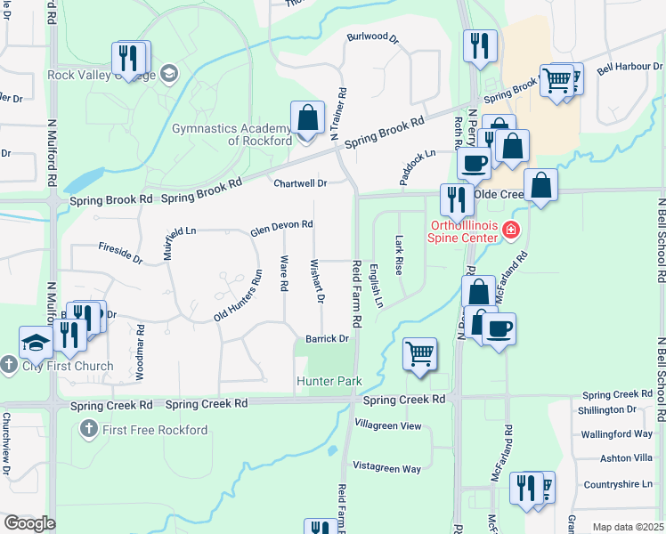 map of restaurants, bars, coffee shops, grocery stores, and more near 6693 Heather Lane in Rockford