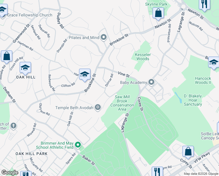 map of restaurants, bars, coffee shops, grocery stores, and more near 11 Tirrell Crescent in Newton