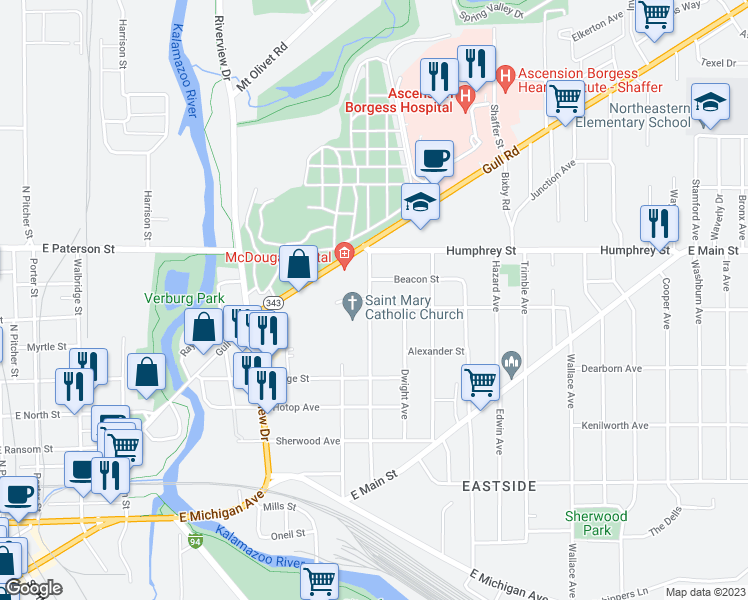 map of restaurants, bars, coffee shops, grocery stores, and more near 1002 Charlotte Avenue in Kalamazoo