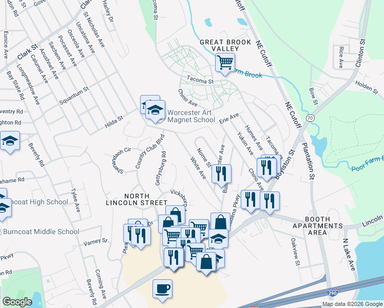 map of restaurants, bars, coffee shops, grocery stores, and more near 46 White Avenue in Worcester