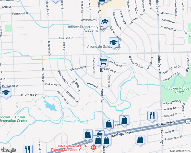 map of restaurants, bars, coffee shops, grocery stores, and more near 1425 Northwood Drive in Inkster