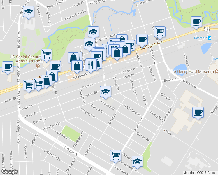 map of restaurants, bars, coffee shops, grocery stores, and more near 22463 Nona Street in Dearborn