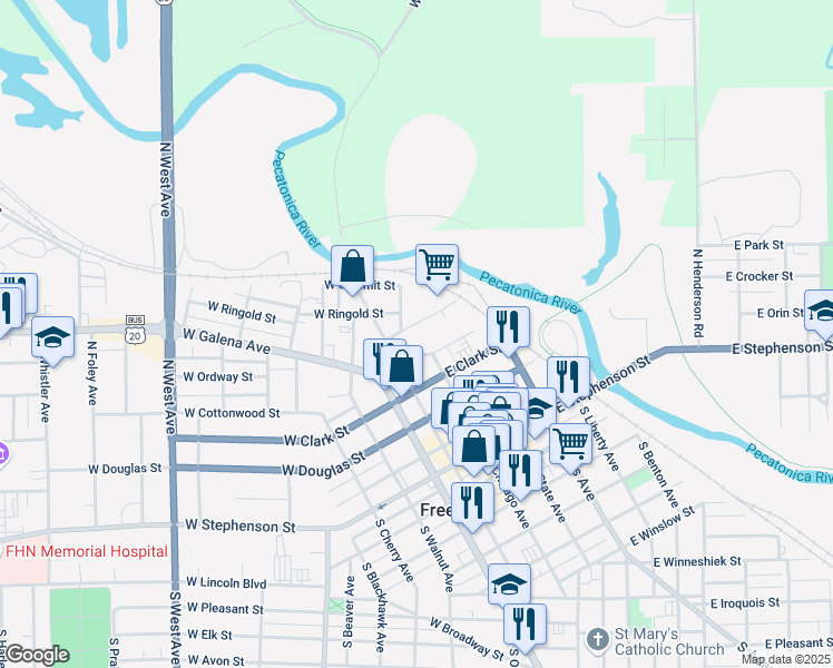 map of restaurants, bars, coffee shops, grocery stores, and more near 4 East Linden Street in Freeport