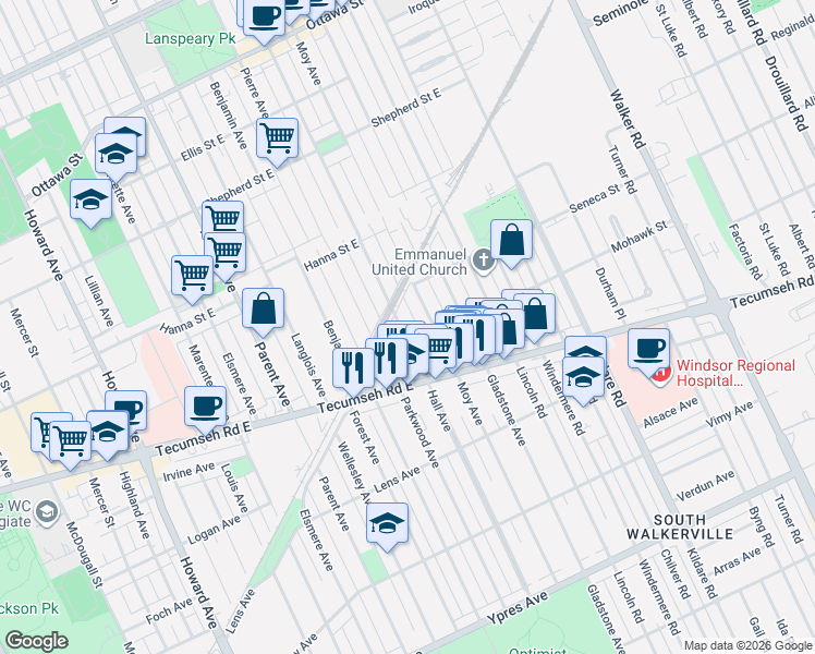 map of restaurants, bars, coffee shops, grocery stores, and more near in Windsor
