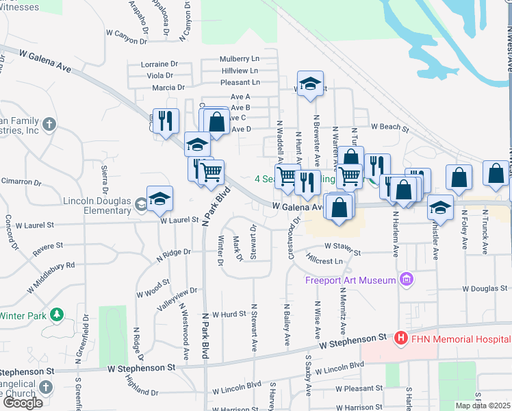 map of restaurants, bars, coffee shops, grocery stores, and more near 1421 West Galena Avenue in Freeport