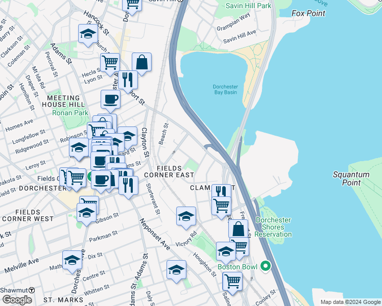map of restaurants, bars, coffee shops, grocery stores, and more near 20 Everett Street in Boston