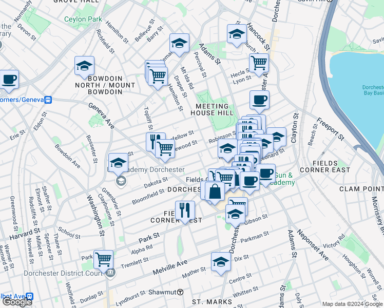 map of restaurants, bars, coffee shops, grocery stores, and more near 188 Westville Street in Boston