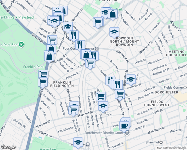 map of restaurants, bars, coffee shops, grocery stores, and more near 235 Washington Street in Boston
