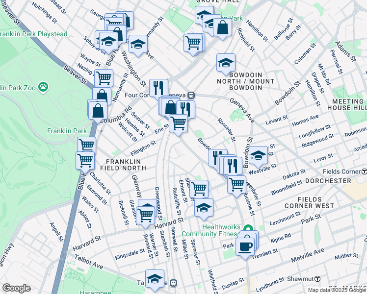 map of restaurants, bars, coffee shops, grocery stores, and more near 235 Washington Street in Boston