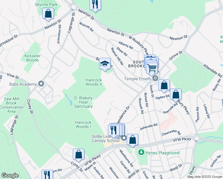 map of restaurants, bars, coffee shops, grocery stores, and more near 178 Gerry Road in Brookline