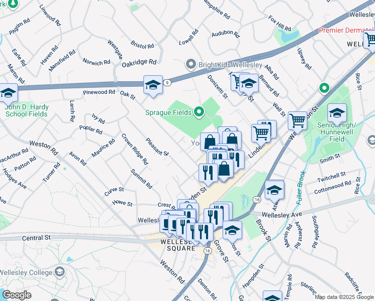 map of restaurants, bars, coffee shops, grocery stores, and more near 29B Oak Street in Wellesley