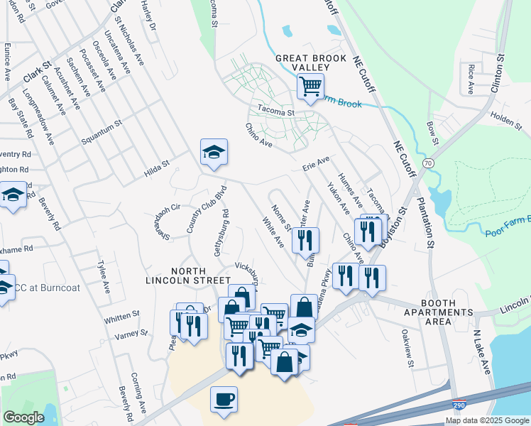map of restaurants, bars, coffee shops, grocery stores, and more near 46 White Avenue in Worcester