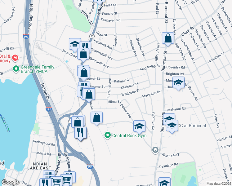 map of restaurants, bars, coffee shops, grocery stores, and more near 16 Wilkinson Street in Worcester