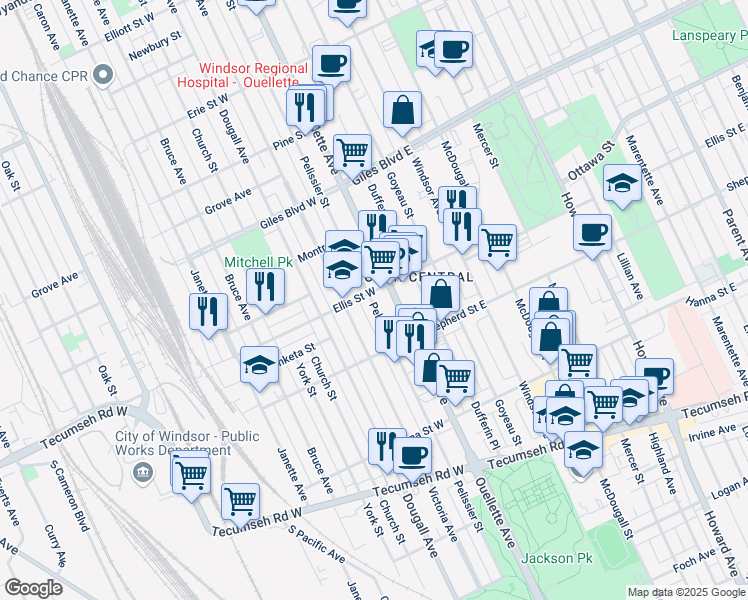 map of restaurants, bars, coffee shops, grocery stores, and more near in Windsor