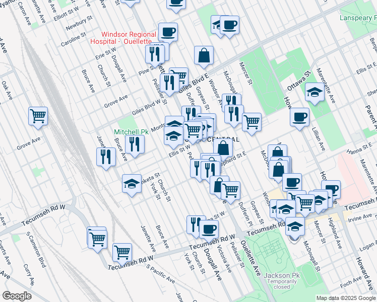 map of restaurants, bars, coffee shops, grocery stores, and more near in Windsor