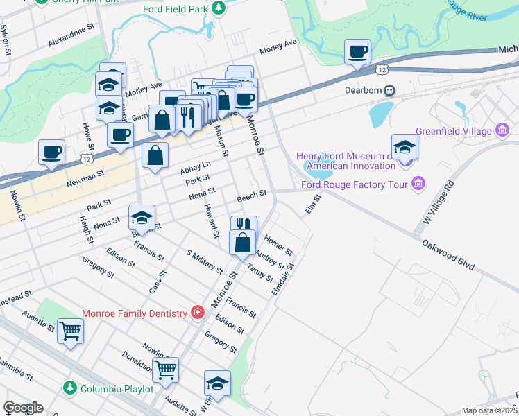 map of restaurants, bars, coffee shops, grocery stores, and more near 1515 Mason Street in Dearborn