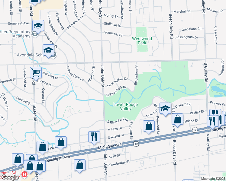 map of restaurants, bars, coffee shops, grocery stores, and more near 26558 North River Park Drive in Inkster