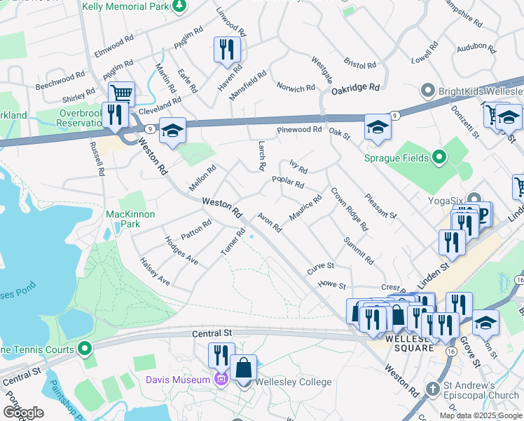 map of restaurants, bars, coffee shops, grocery stores, and more near 51 Avon Road in Wellesley