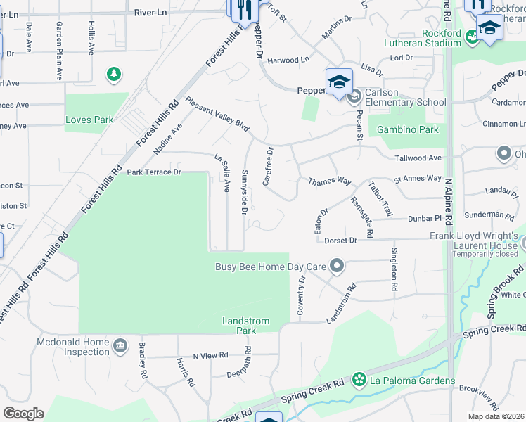 map of restaurants, bars, coffee shops, grocery stores, and more near 2929 Sunnyside Drive in Rockford